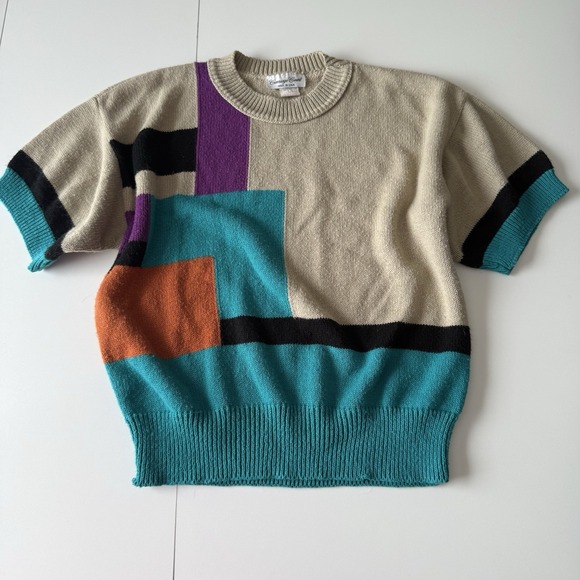 Vtg Carriage Court Color Block Patch Sweater Shirt Grandma Retro Mid Century S - Picture 2 of 8